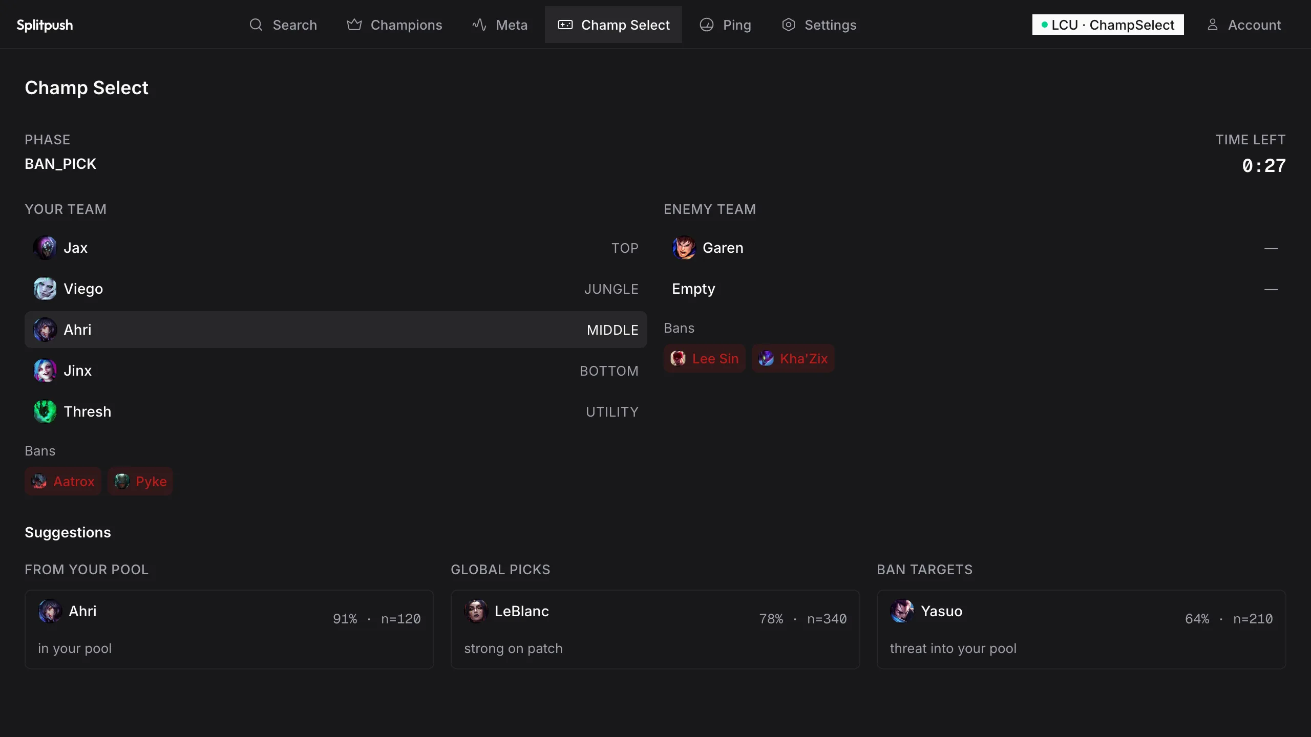 Splitpush champ select suggestions connected to the League client